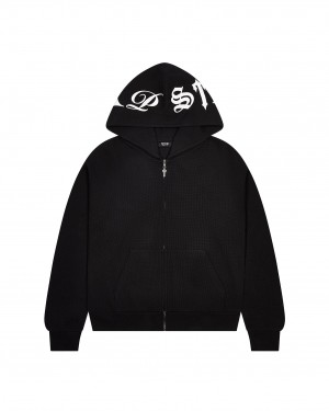 Black Trapstar Script Waffle Men's Hoodies Canada | DELBI-7346
