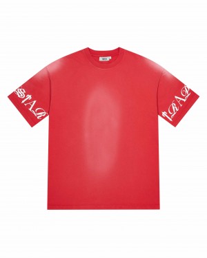 Red Trapstar Script Men's T-shirts Canada | AEGFT-8251