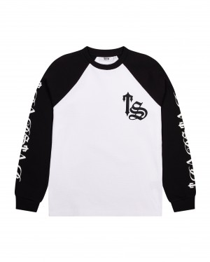 White / Black Trapstar Script Waffle LS Men's Sweatshirts Canada | BIYXV-7543