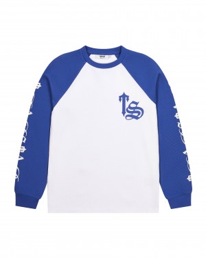 White / Blue Trapstar Script Waffle LS Men's Sweatshirts Canada | IDJPH-2608